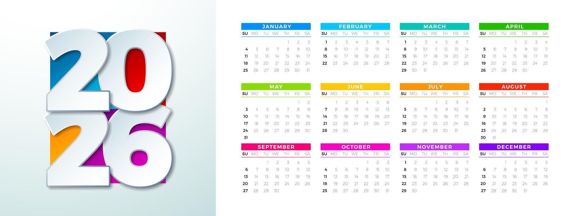 1920x724 Printable Calendar Design Template with Number Symbol and Whole Annual Monthly Typography on White Background for New Year. Horizontal Schedule Planner Illustration for Wall Poster, Card Calendar