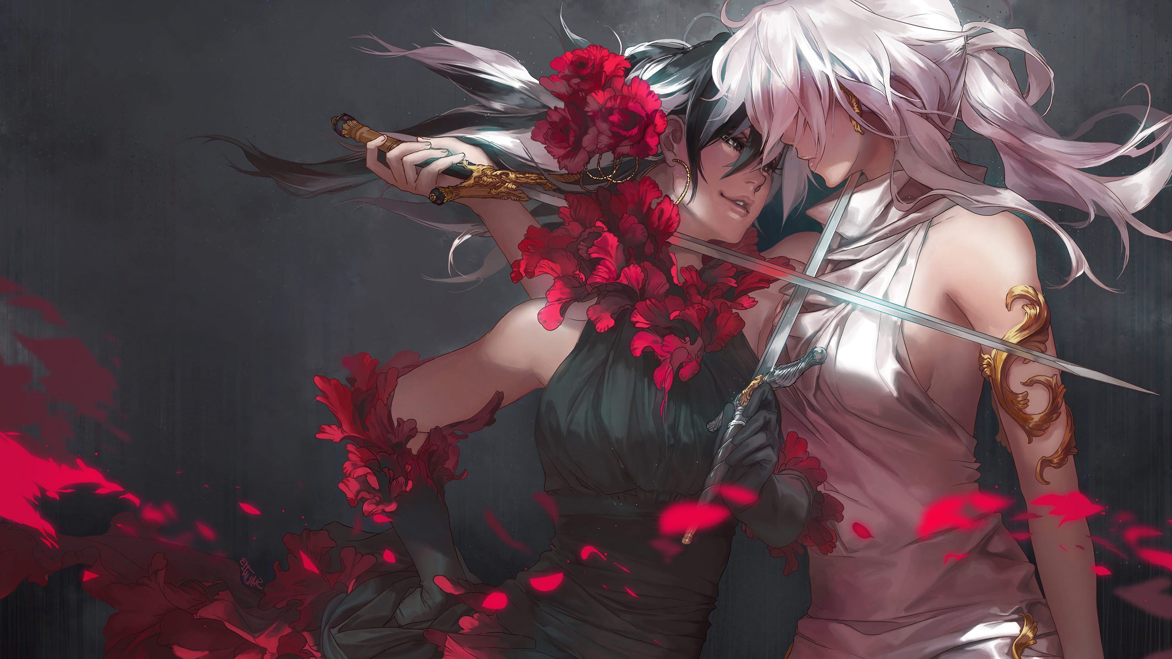 3840x2160 Anime Girls Sword Battle Fantasy 4K Wallpaper HD