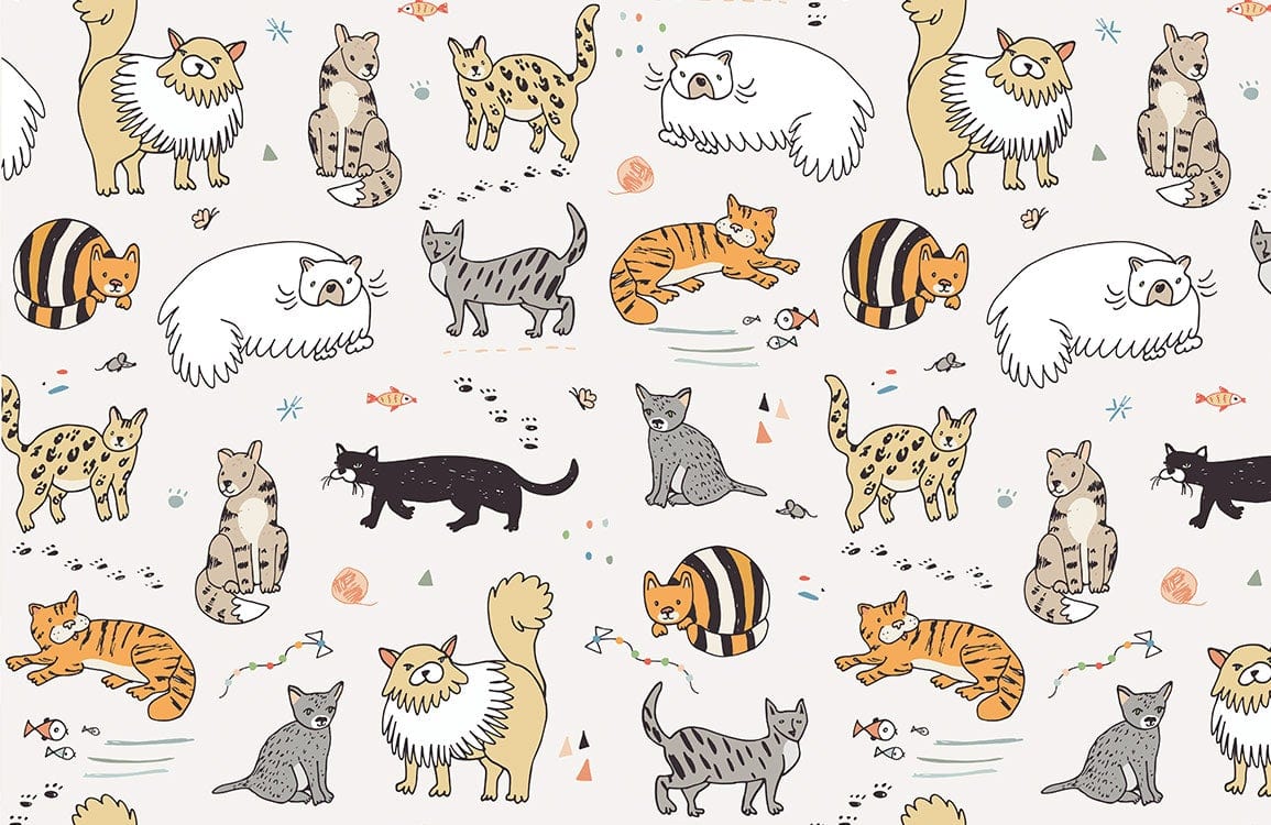 1155x750 Playful Cats Patterned Wallpaper in Pastel Tones for Kids' Rooms