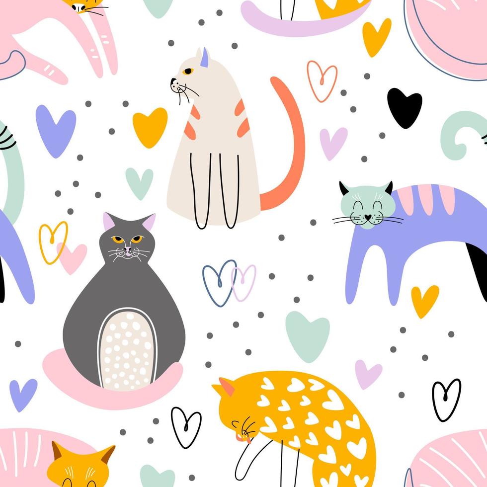 980x980 Playful cute cats with hearts and abstract decor hand drawn. Seamless vector pattern for fabric or wallpaper