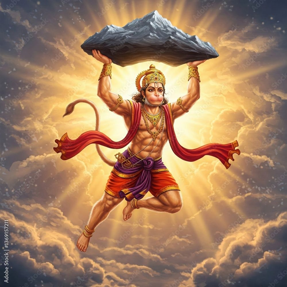 1000x1000 Lord Hanuman Ji Carrying Sanjeevani Mountain, Powerful Flying Hanuman Ji Photo 4K HD, Divine Lord Hanuman Wallpaper Background Stock Illustration