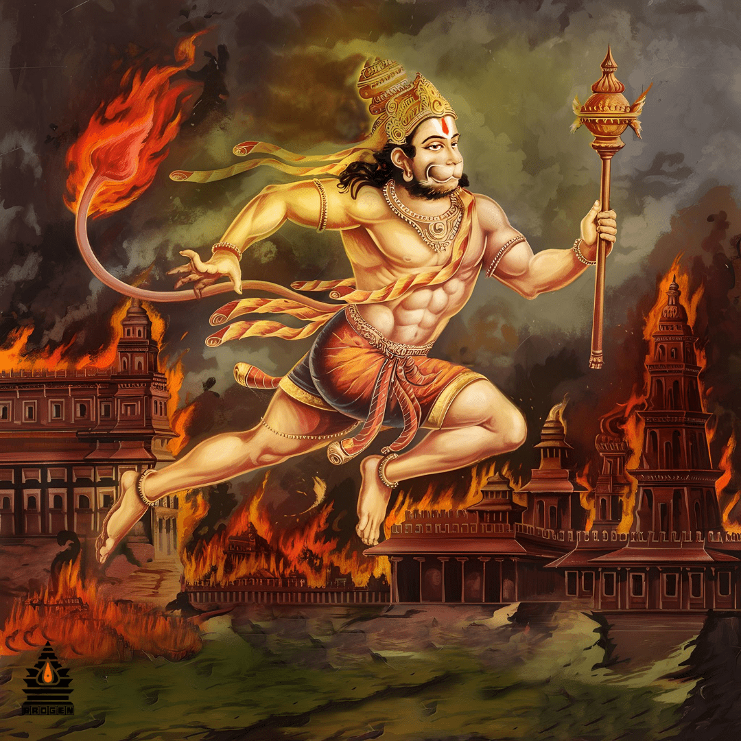 1080x1080 Hanuman Lanka Dahan Digital Art. Powerful Hanuman Ji Wall Art. High