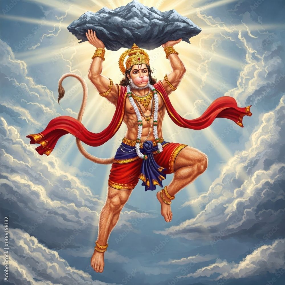 1000x1000 Lord Hanuman Ji Carrying Sanjeevani Mountain, Powerful Flying Hanuman Ji Photo 4K HD, Divine Lord Hanuman Wallpaper Background Stock Illustration