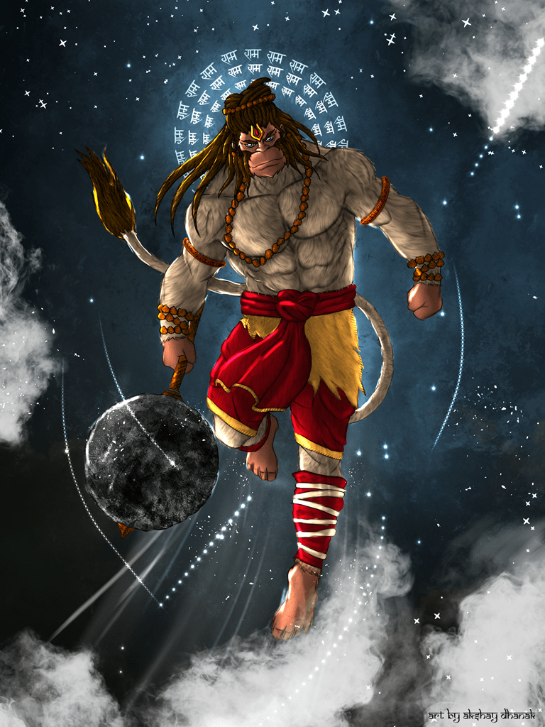 768x1024 Hanuman In Sky. Powerful Hanuman In The Sky. Mythical, Digital, Dynamic Canvas Art Print