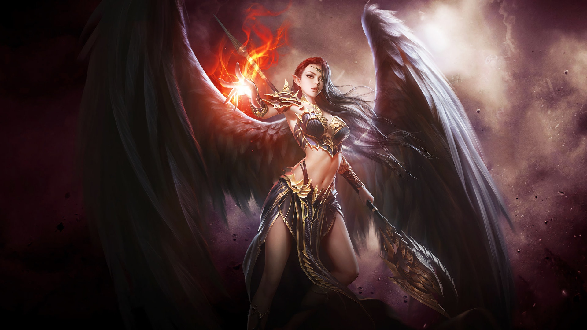 1920x1080 Wallpaper fire, girl, fantasy, magic, wings, red eyes, angel, digital art for mobile and desktop, section прочее, resolution 1920x1080