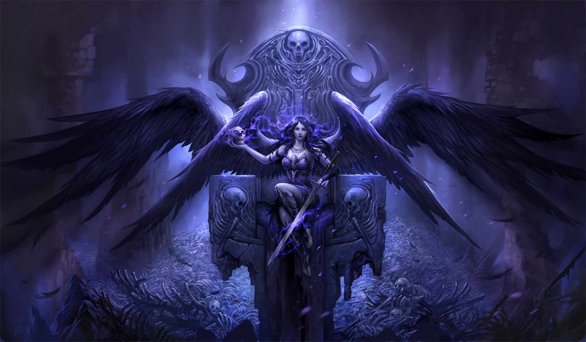 1920x1121 Wallpaper girl, lights, death, skull, wings, angel, sword, feathers for mobile and desktop, section фантастика, resolution 1920x1121