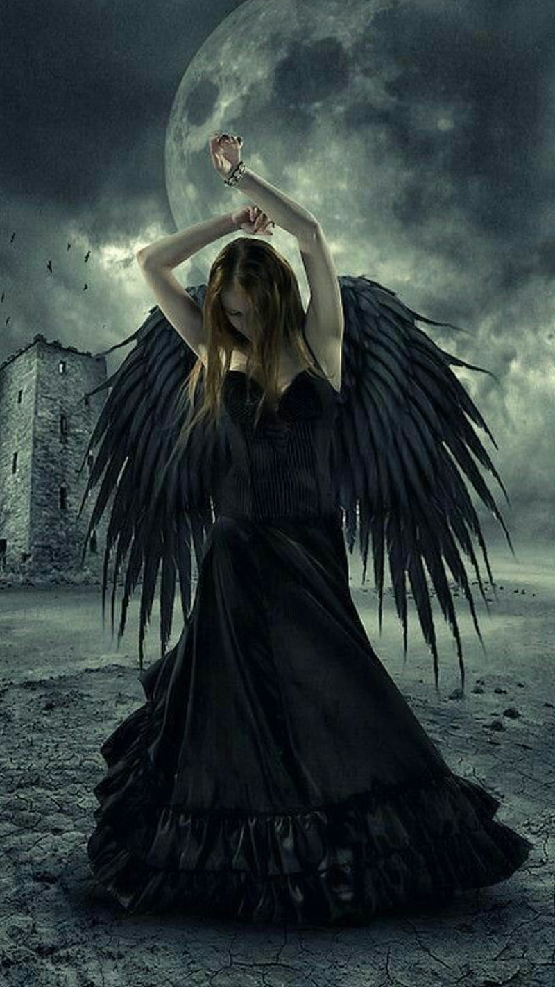 800x1422 Black Angel, black dress, black wings, cloudy, dark, fantasy, girl, wings, HD phone wallpaper