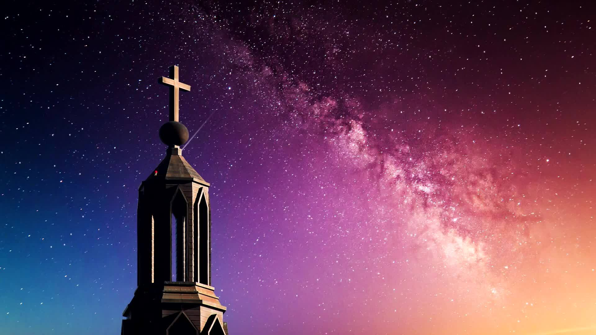 1920x1080 Crucifix on the top of a Christian church against the backdrop of the Milky Way. concept of god and hope