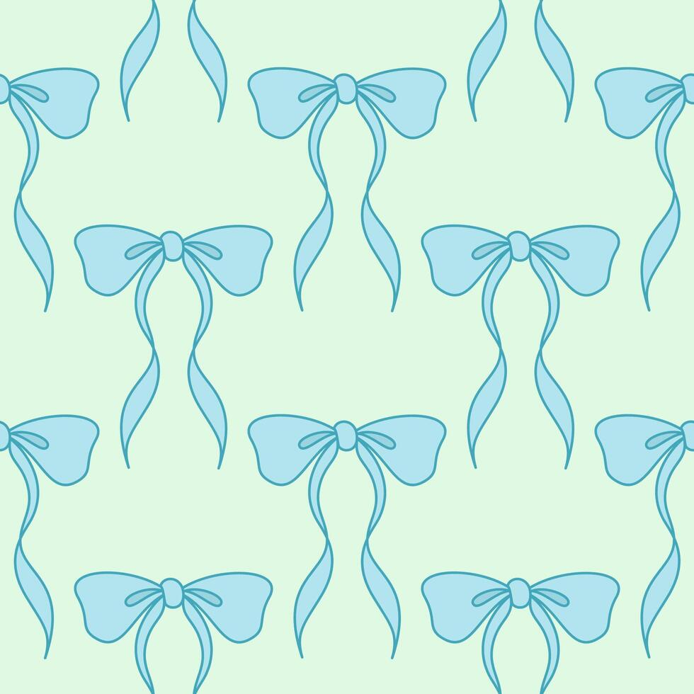 980x980 Seamless pattern with blue bows on pastel green background. Vintage ribbons wallpaper with repeat design