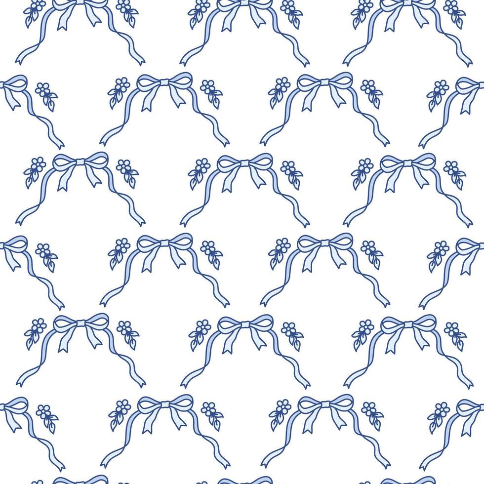 980x980 Holiday decorative seamless pattern of coquette blue bows with cute small flowers. Trendy ribbons background. Vintage bowknots backdrop for greeting cards, fabric, wallpaper, wrapping paper