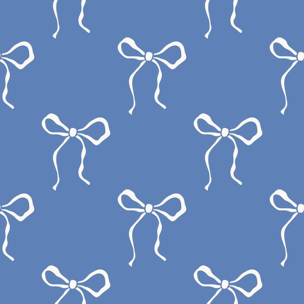 980x980 Hand drawn charming bows pattern. Cute ribbon bow drawing. Whimsical bows on blue background. Coquette style illustration. Rococo print for fabric, wrapping paper, textile