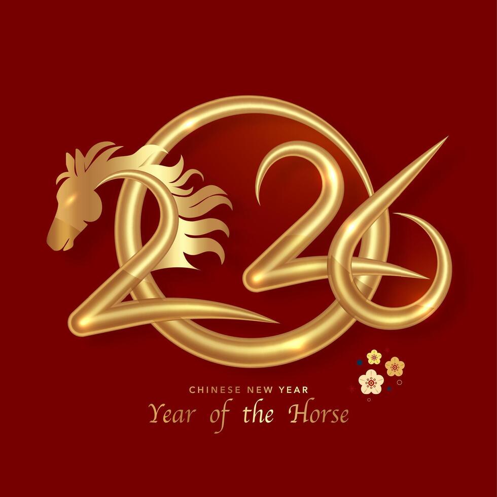 980x980 Chinese New Year in red background. Year of the Horse. modern art gold numbers design for cover, card, poster, banner, logo zodiac sign. Golden luxury