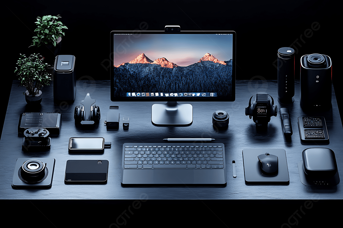 1200x800 Sleek Black Desk Setup With Monitor Keyboard Camera Gear And Tech Gadgets, Black Desk Setup, Camera Gear, Tech Gadgets Background Image And Wallpaper for Free Download