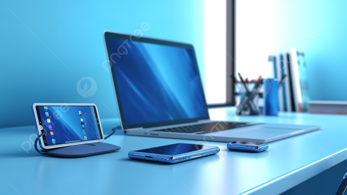 1200x673 Tech Gadgets Resting On Blue Office Desk Horizontal Banner Illustration, Computer And Phone, Mobile Business, Tablet Pc Background Image And Wallpaper for Free Download
