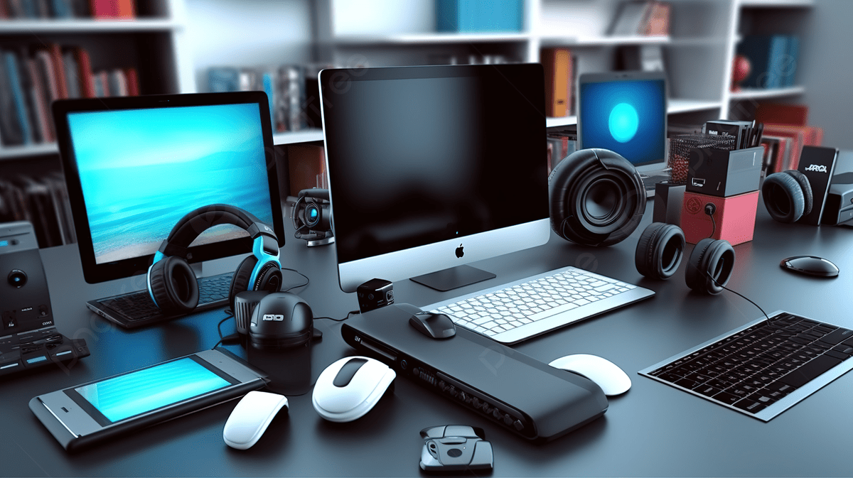 1200x673 Office Essentials And Tech Gadgets Mobile Phone Laptop Printer Camera Headphones Tablet Pc And Monitor Illustrated In 3D Photo And Picture For Free Download