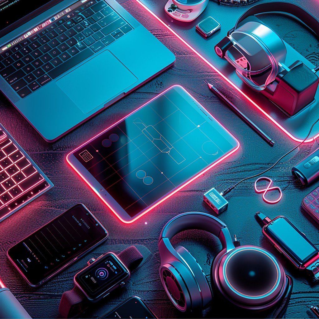 1024x1024 Free Tech Overload Display Image, Laptops, Gadgets