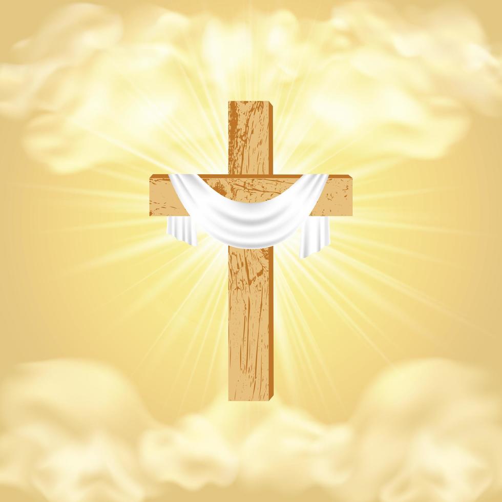 980x980 Easter. Christian wooden cross with a shroud on the background of divine sunlight, sky, clouds. Religious symbol of faith. Postcard with Palm Sunday, Easter, Resurrection of Christ.Vector illustration 20328705 Vector Art