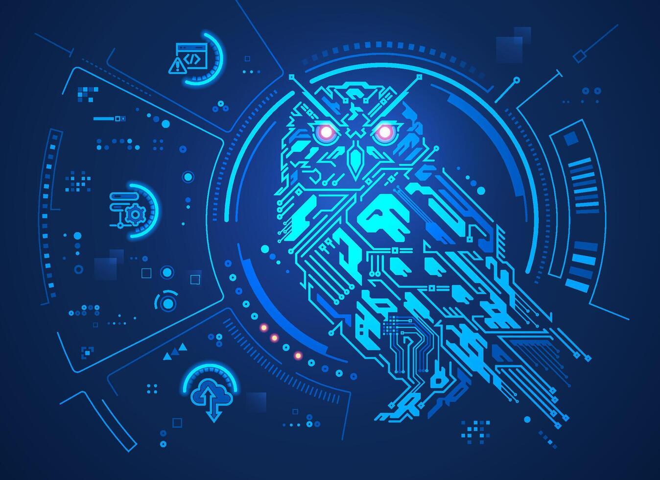 1348x980 concept of cyber security metaphor, graphic of cyber owl with futuristic element