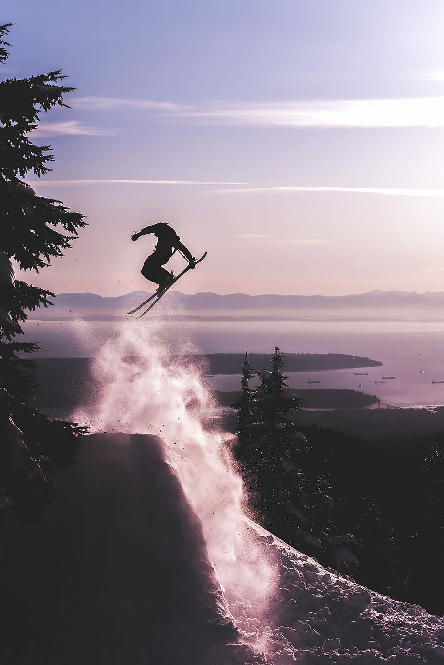 910x1363 person skiing, ice, silhouette, skier, skiing, ski, jump, sky