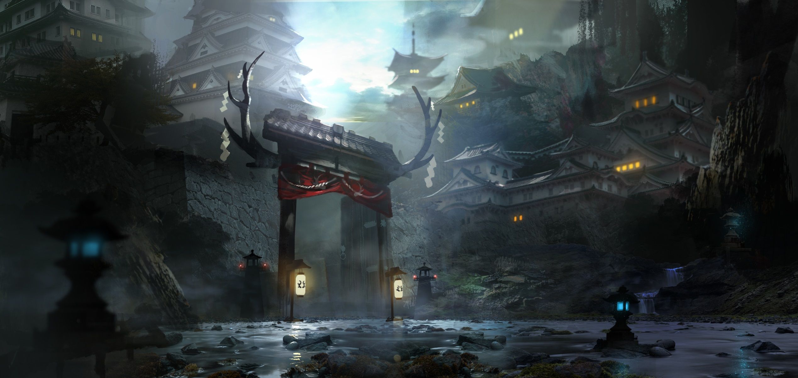 2537x1203 Anime Temple Mystique: HD Serenity in Shadowed Skies by ムシウニ
