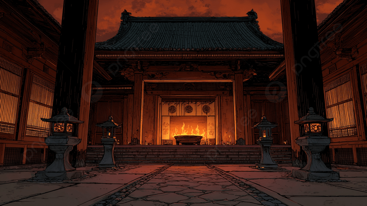 1200x673 Anime Temple Interior Dark Fire Colors Japanese Style, Interior, Japanese, Anime Background Image And Wallpaper for Free Download