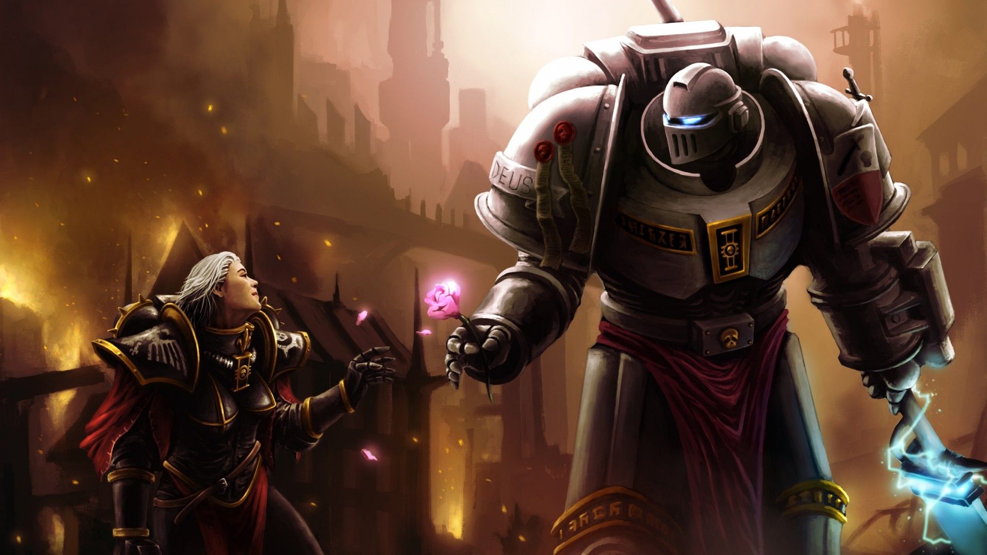 1920x1080 Warhammer 40k HD Wallpaper: Epic Confrontation in a Futuristic Realm
