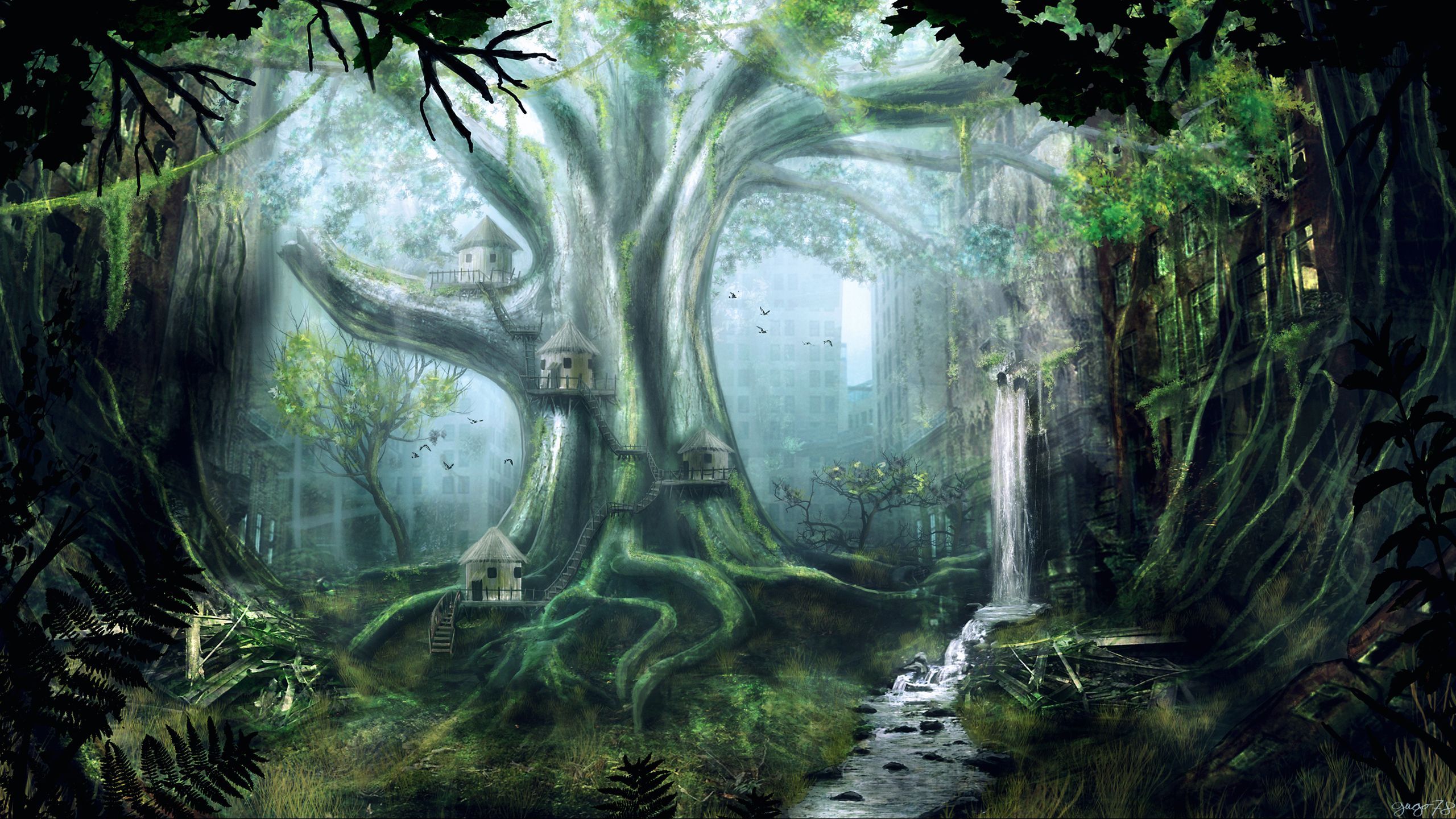 2560x1440 Post Apocalyptic Sci Fi City: Enchanted Tree Waterfall HD Wallpaper