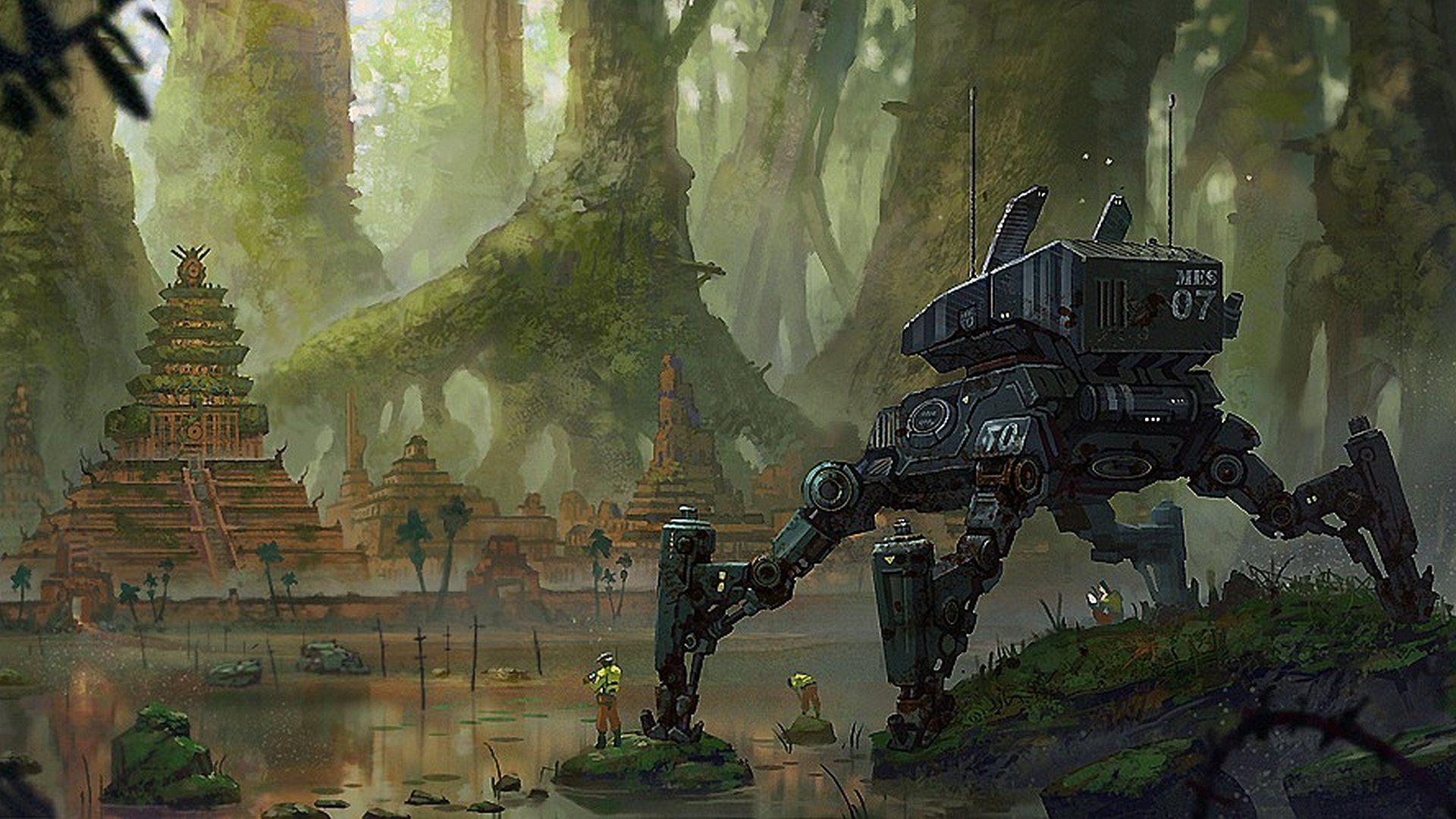 1920x1080 Futuristic Jungle Sentinel: HD Sci Fi Robot Wallpaper