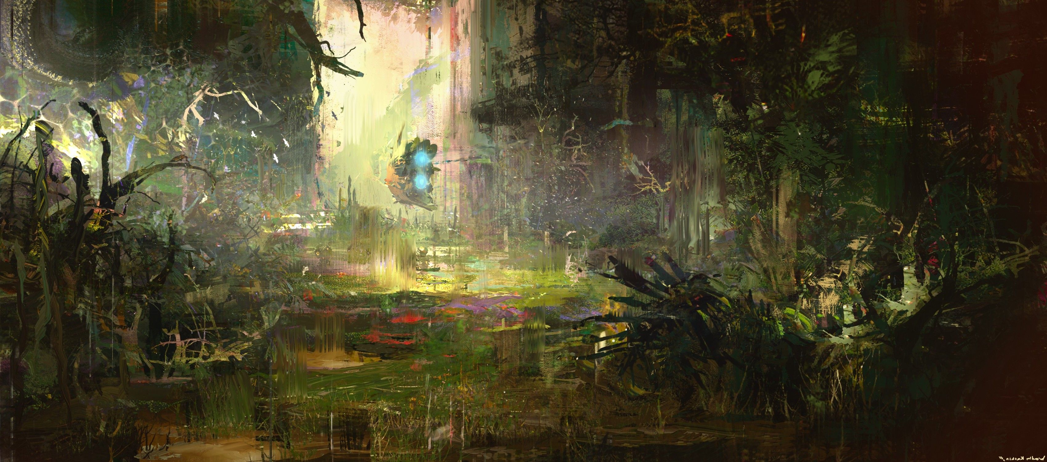 3400x1500 fantasy Art, Science Fiction, Digital Art, Spaceship, Forest Wallpaper HD / Desktop and Mobile Background