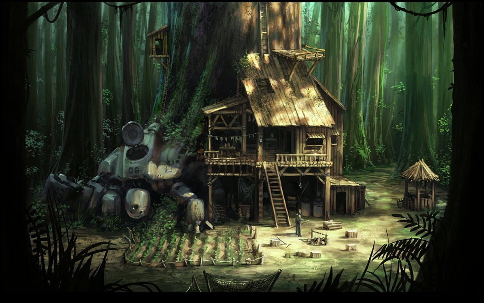 1680x1050 House and tree artwork, house, forest, wood, science fiction HD wallpaper