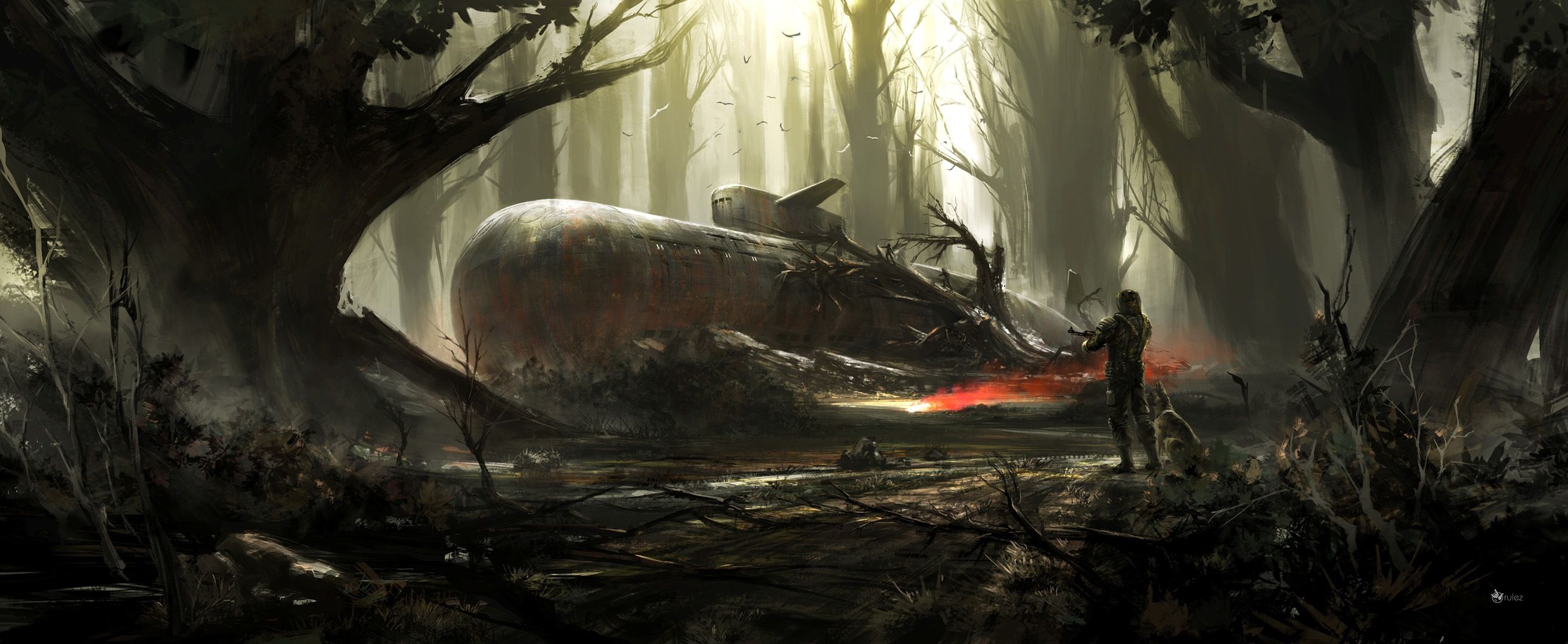 2630x1080 Phone wallpaper: Submarine, Sci Fi, Post Apocalyptic, Forest, Soldier 759509