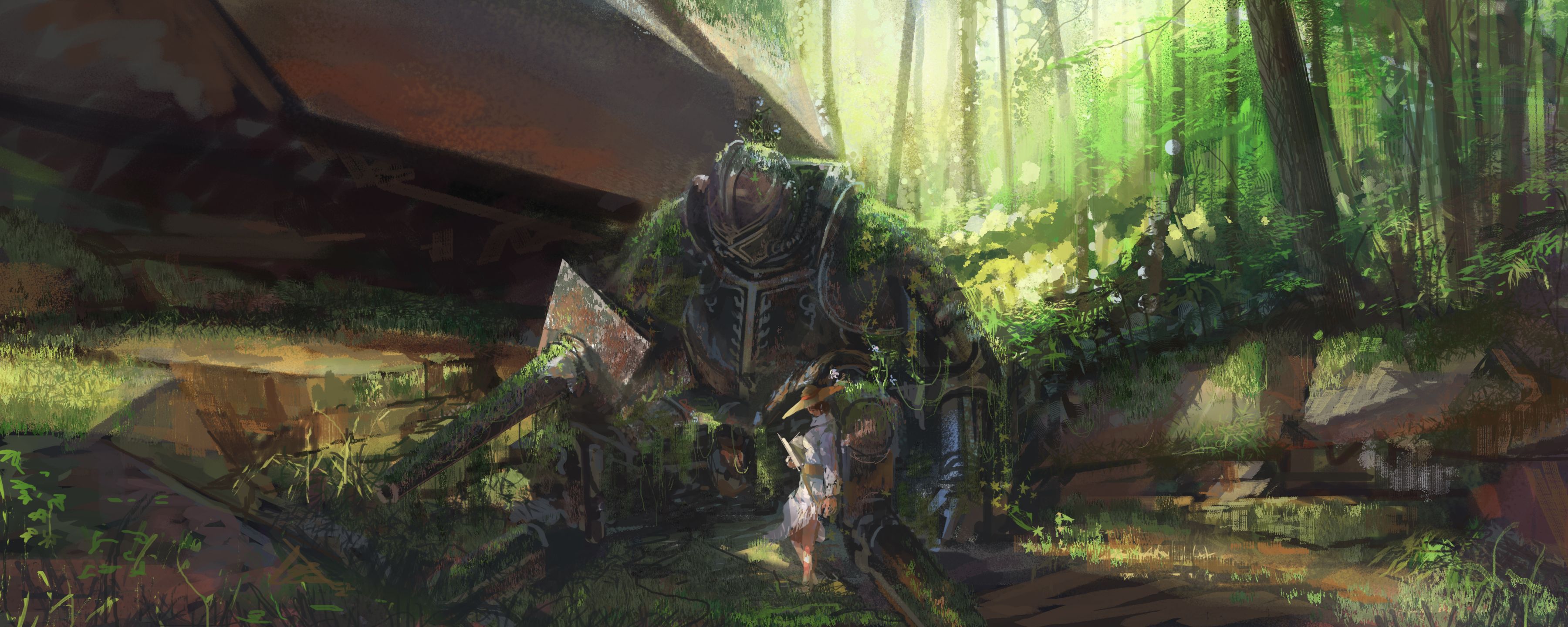 3600x1440 Desktop wallpaper: Sci Fi, Robot, Forest, Moss 4K free download for PC. 887670