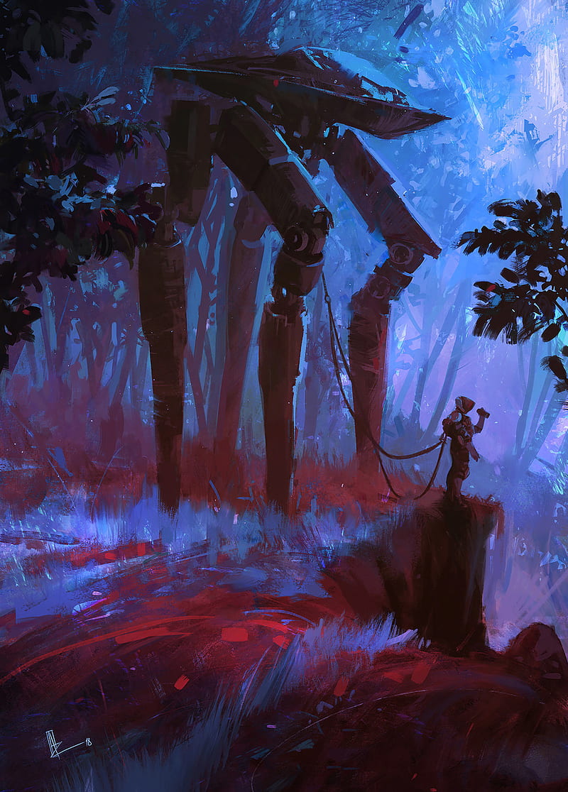 800x1116 Science fiction, mech, forest, pilot, moonlight, colorful, violet, artwork, HD phone wallpaper