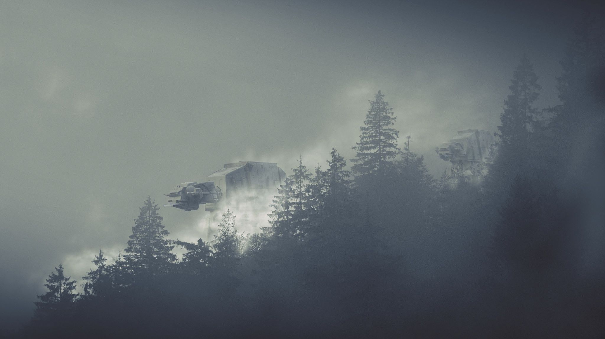 2048x1149 Desktop wallpaper: Sci Fi, Star Wars, At At Walker, Fog, Forest 4K free download for PC. 427889