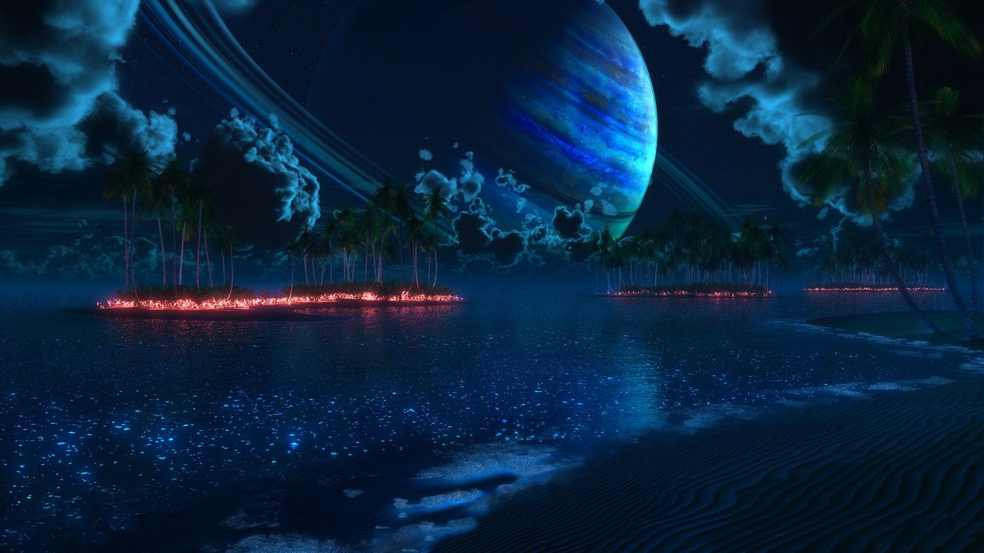1920x1080 sci fi, Cg, Digital art, Manipulation, Fire, Flames, Lakes, Nature, Islands, Jungle, Trees, Forest, Blue, Skies, Moon, Planets, Clouds, Moonlight, Artistic, Surreal Wallpaper HD / Desktop and Mobile Background