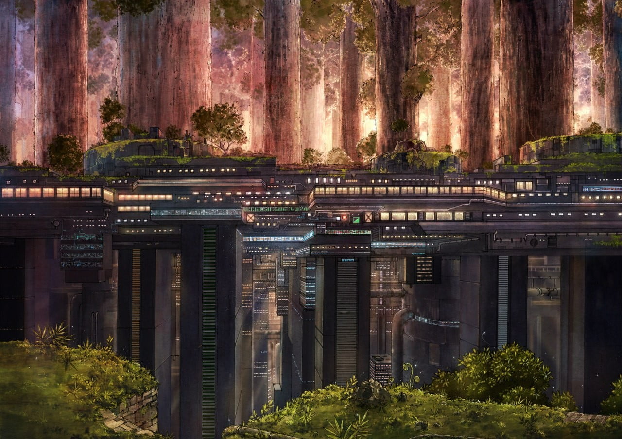 1280x904 Brown and white concrete building, futuristic, artwork, trees, science fiction HD wallpaper