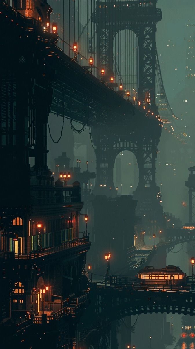 673x1200 dark night, misty, in the style of dieselpunk architecture