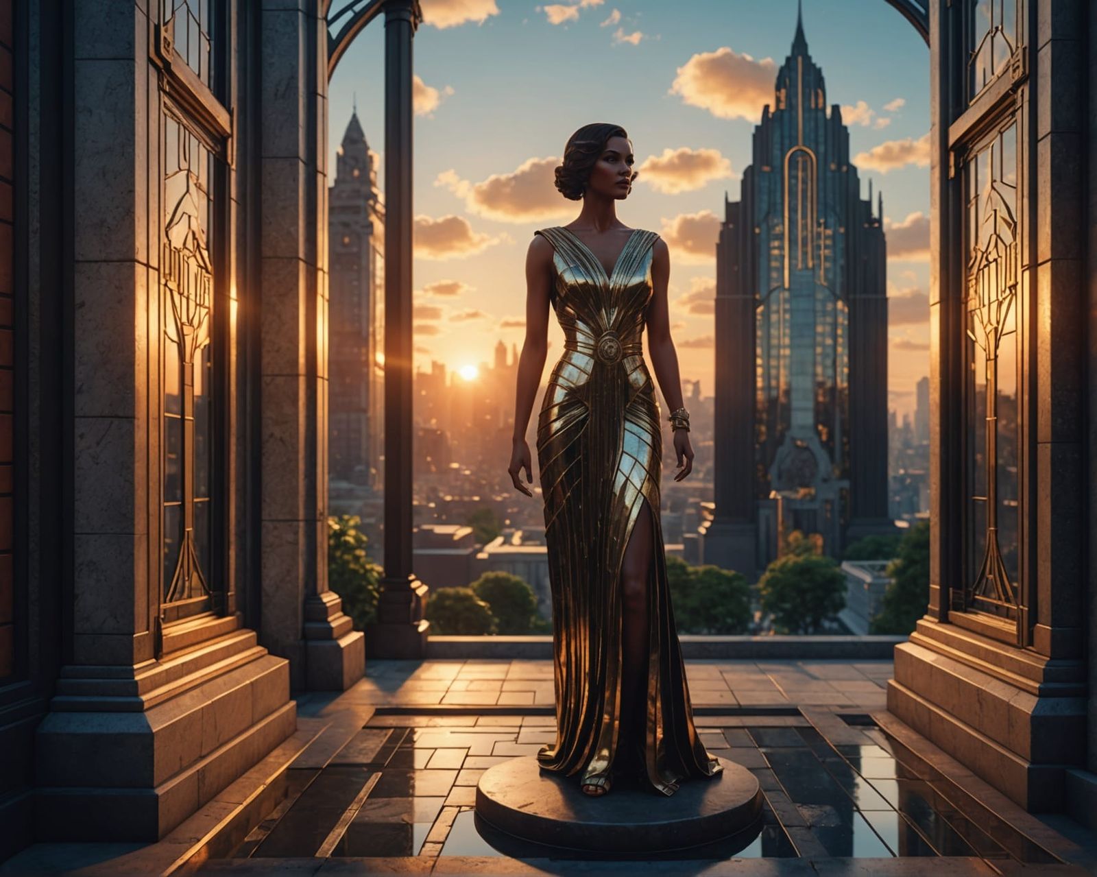 1600x1279 Decopunk Art Deco Cityscape at Sunset