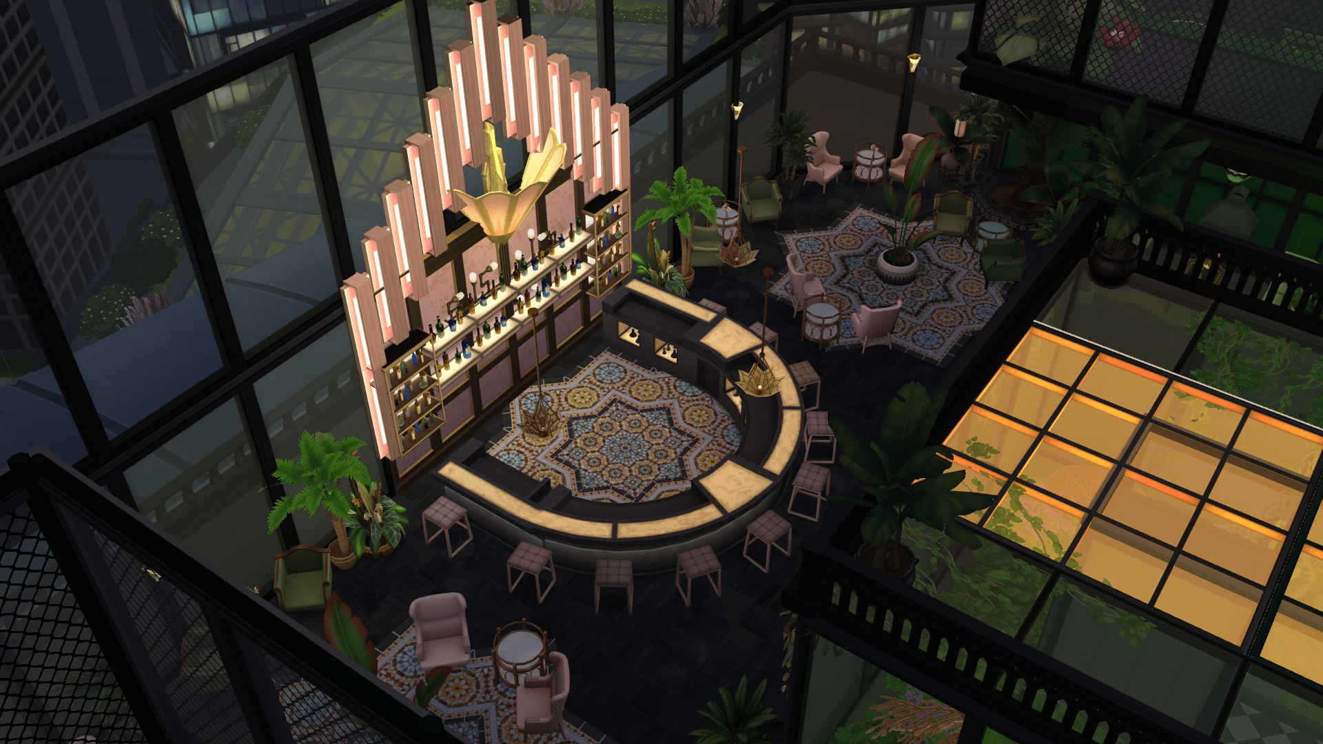 1920x1080 DecoPunk / BioShock inspired Restaurant / Bar build. No CC & Playtested