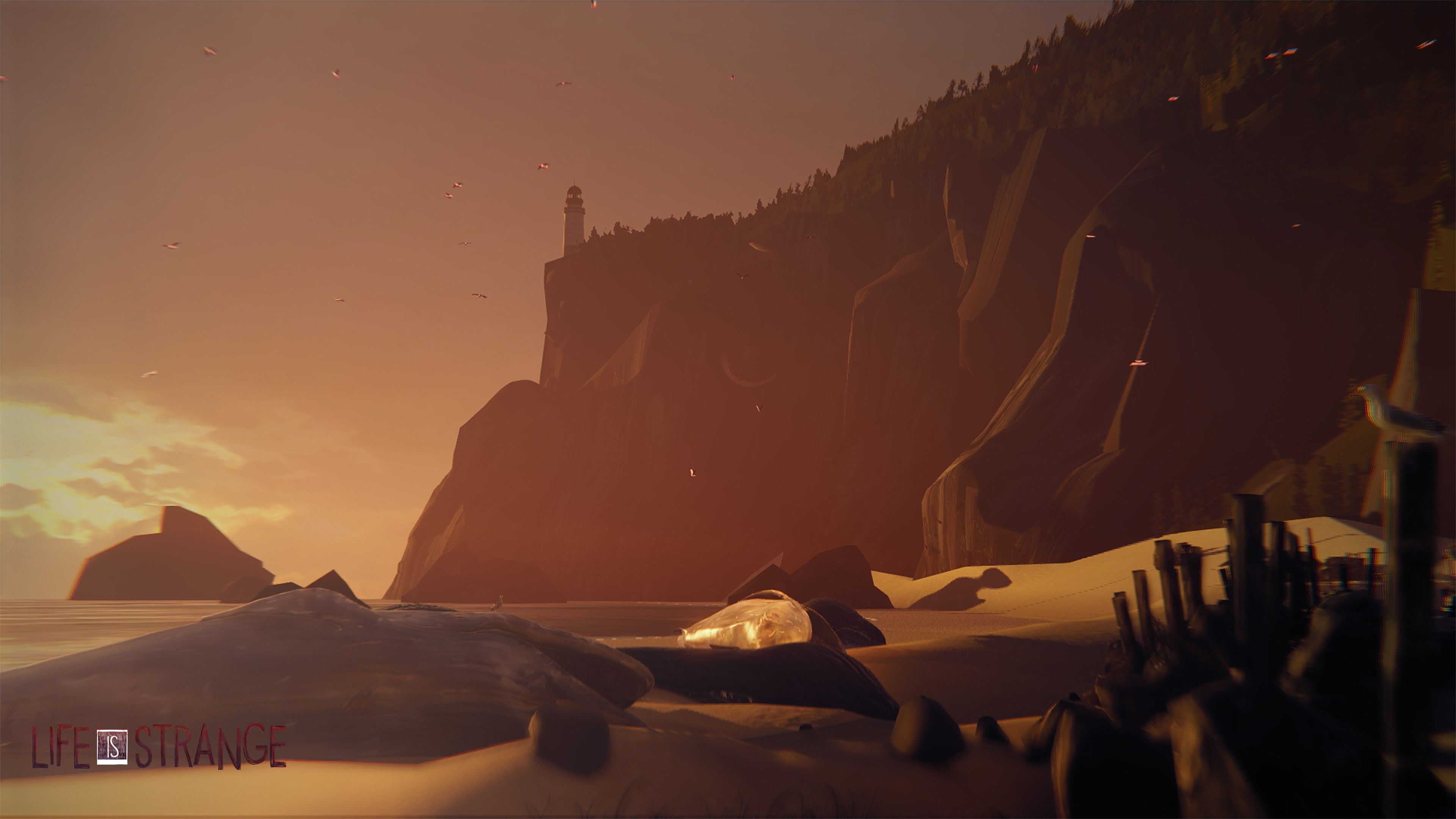 3840x2160 Arcadia Bay, Life Is Strange, Sunset, Lighthouse, Whale, Beach, Water, Sand, Rock, Seagulls Wallpaper HD / Desktop and Mobile Background
