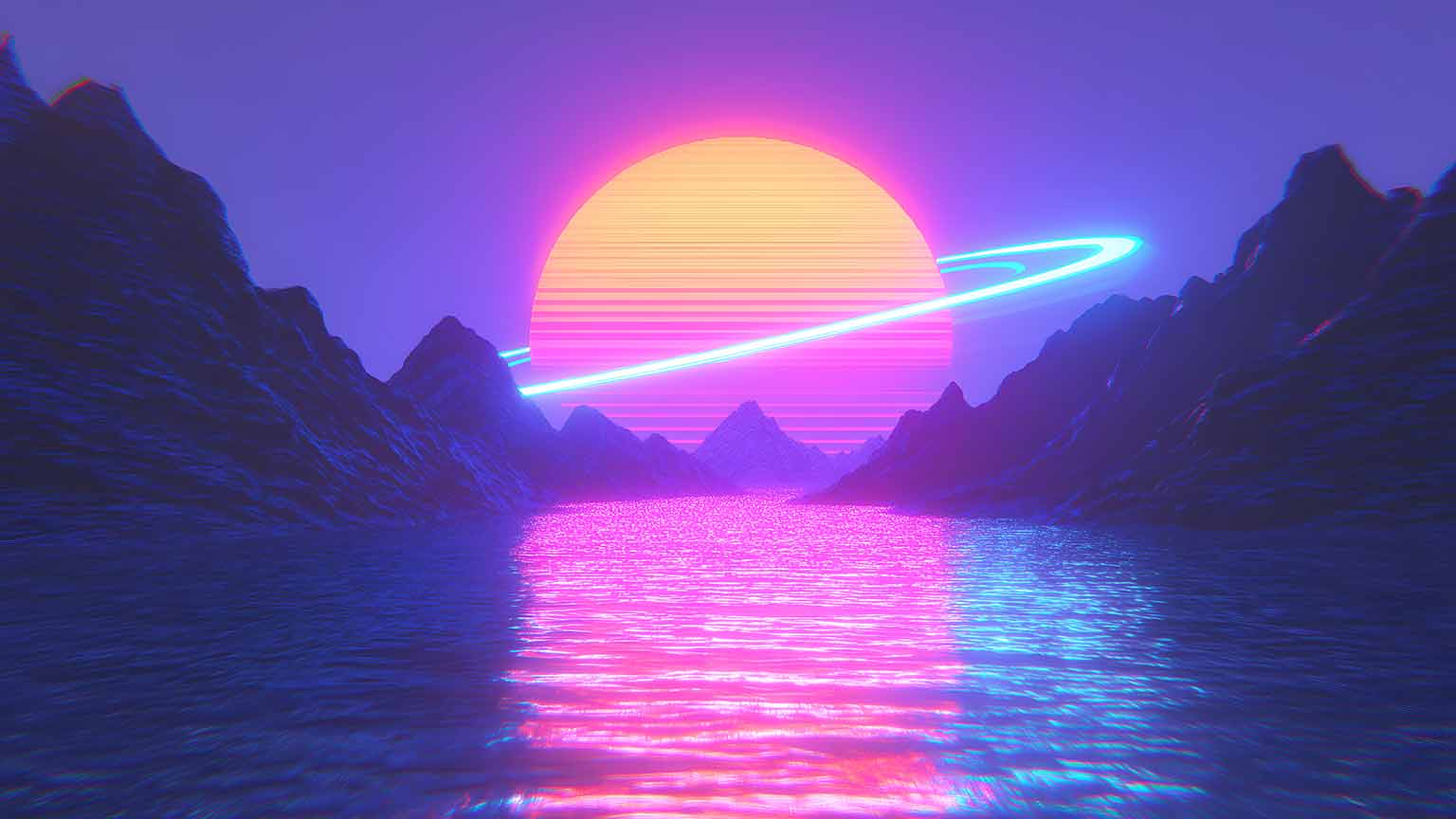 1536x864 Retrowave Vistas Orange Sun Neon Water Reflection Wallpaper