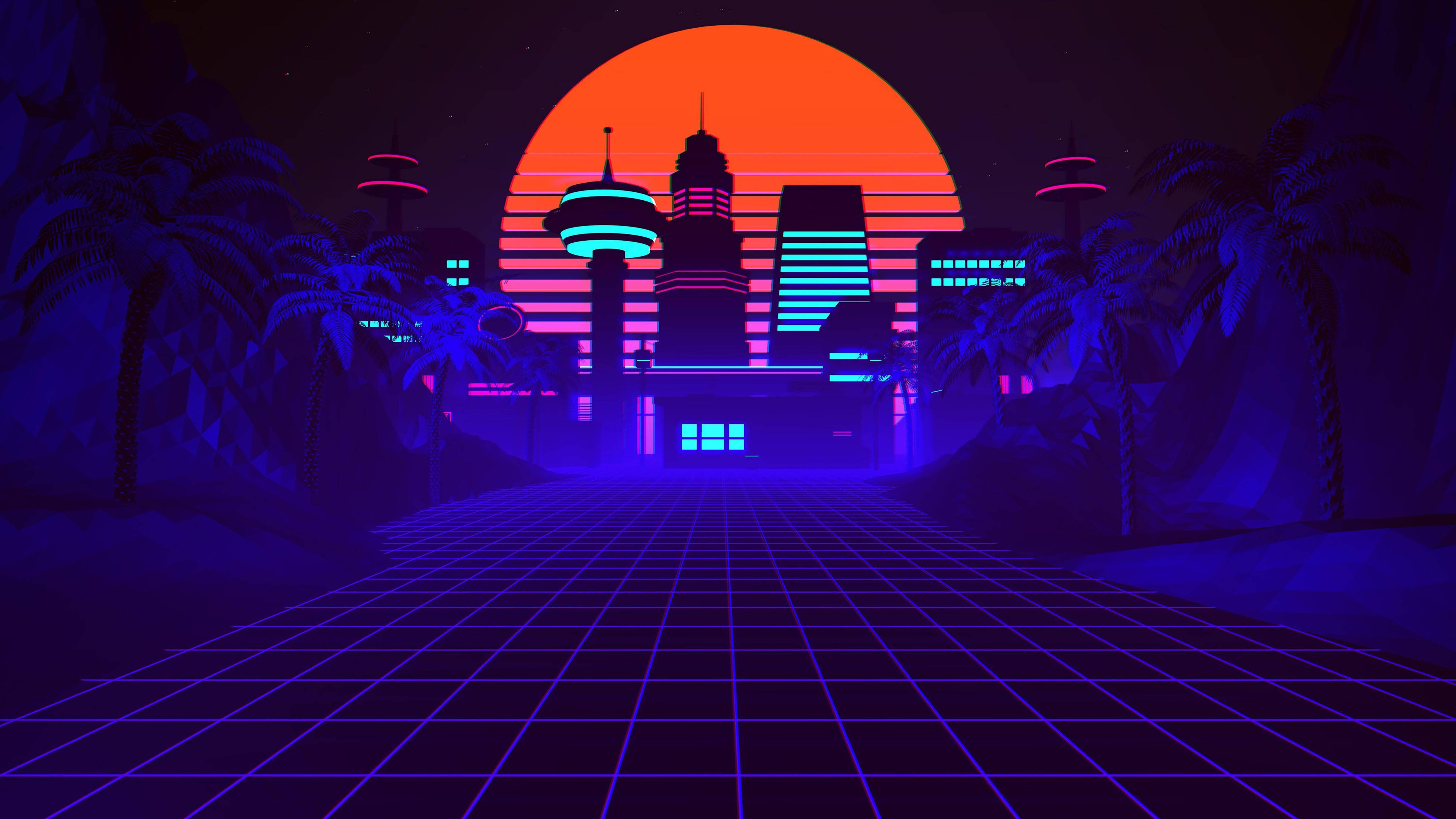 5778x3250 Download Retrowave Cityscape Buildings 4K Wallpaper