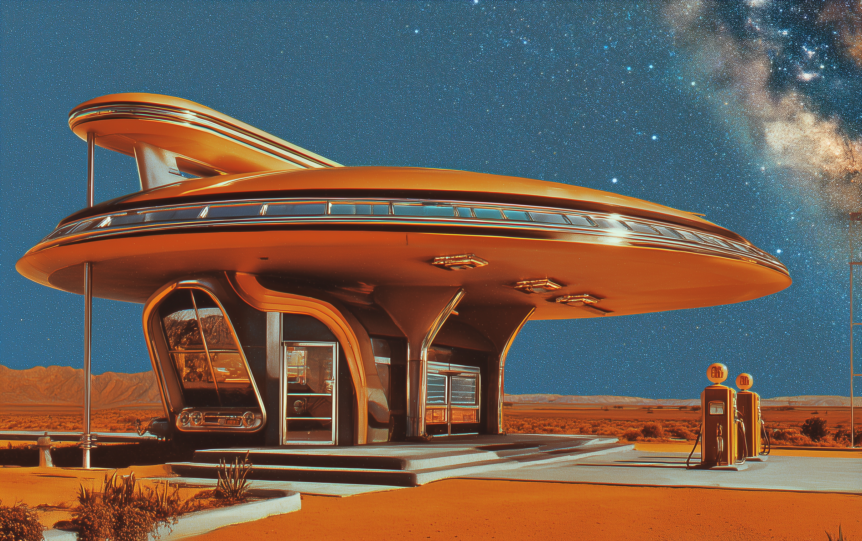 2752x1728 Futuristic Vintage Sci Fi Gas Station In Desert