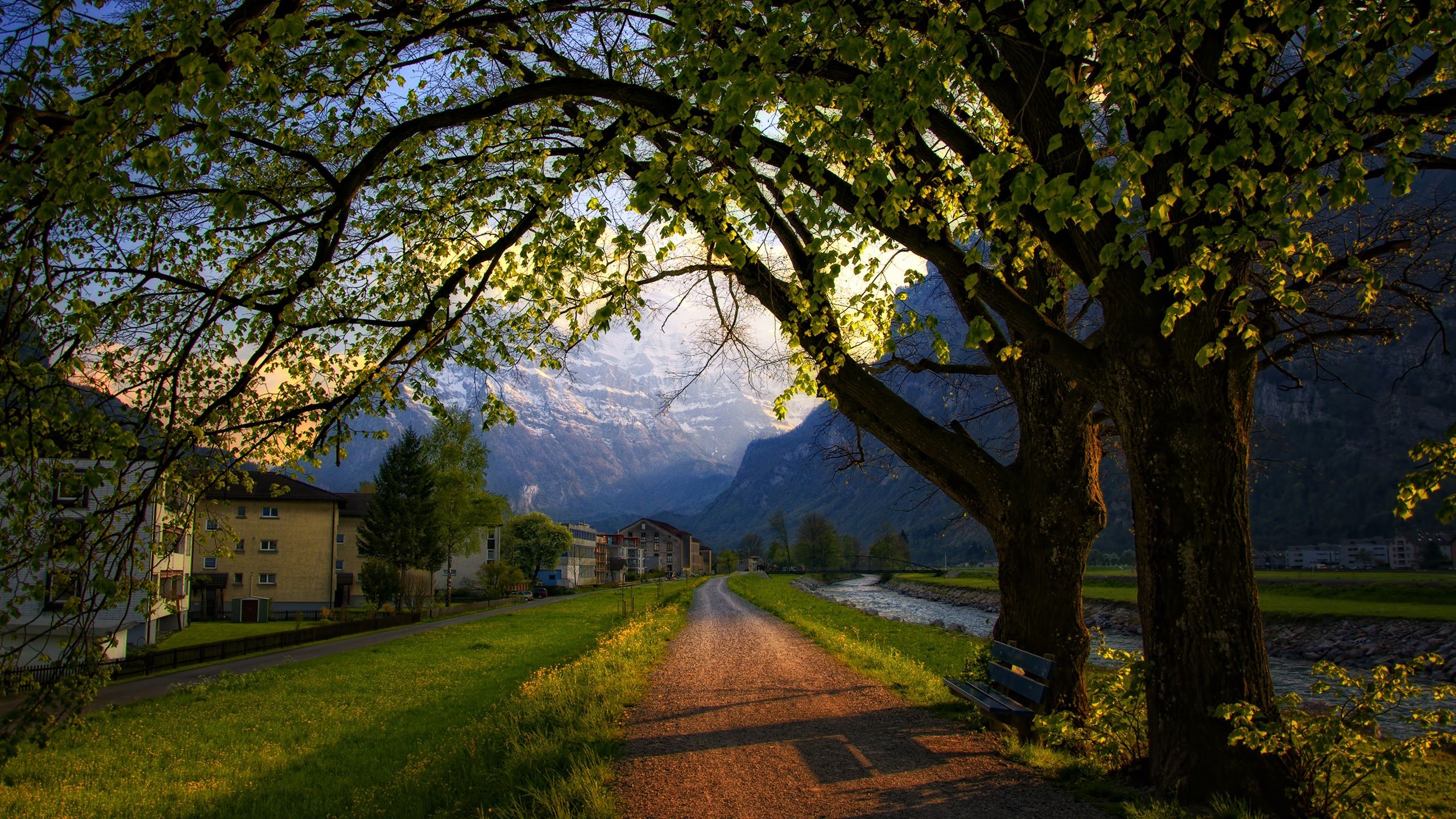 2560x1440 Wallpaper Switzerland, town, spring, trees, road, bench, houses, mountains 2560x1600 Picture, Image