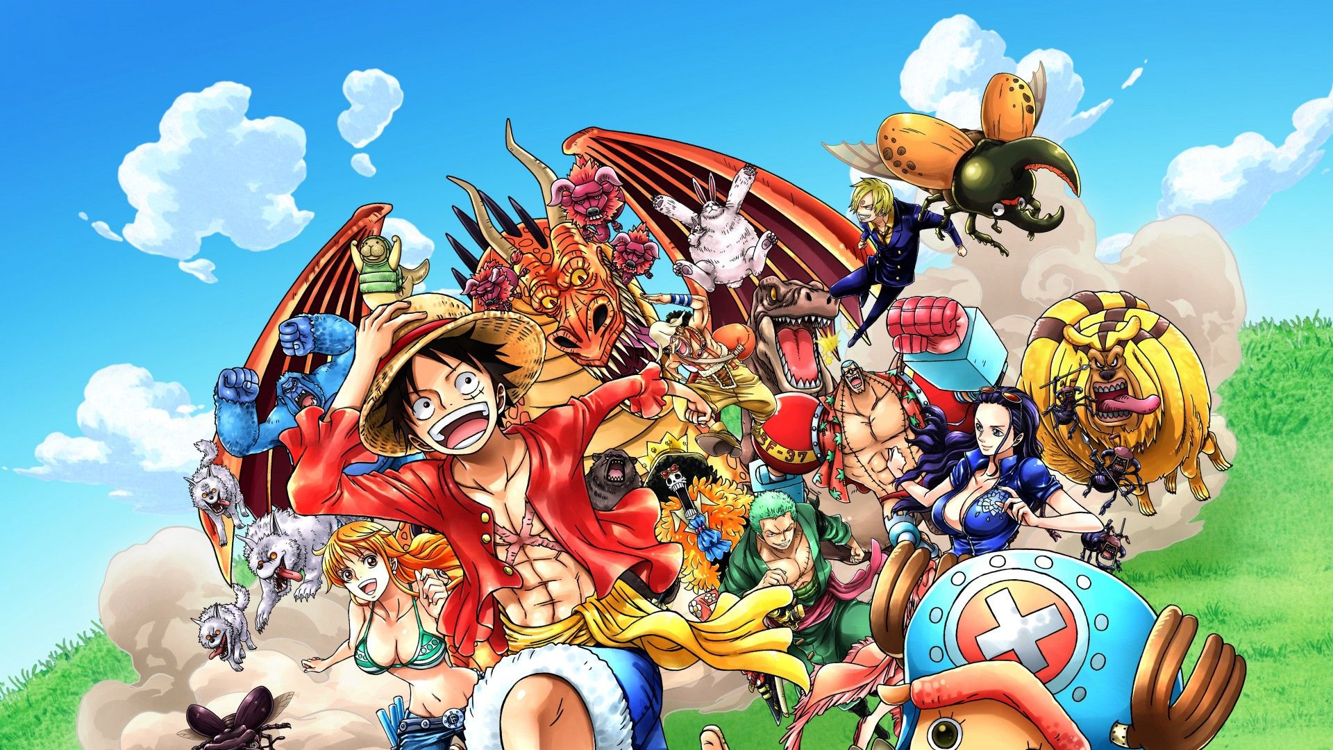 1920x1080 One Piece Luffy Tony Nico Robin Nami Are Running On The Greeny Mountain With Background of Blue Sky 4K 5K HD Anime Wallpaper