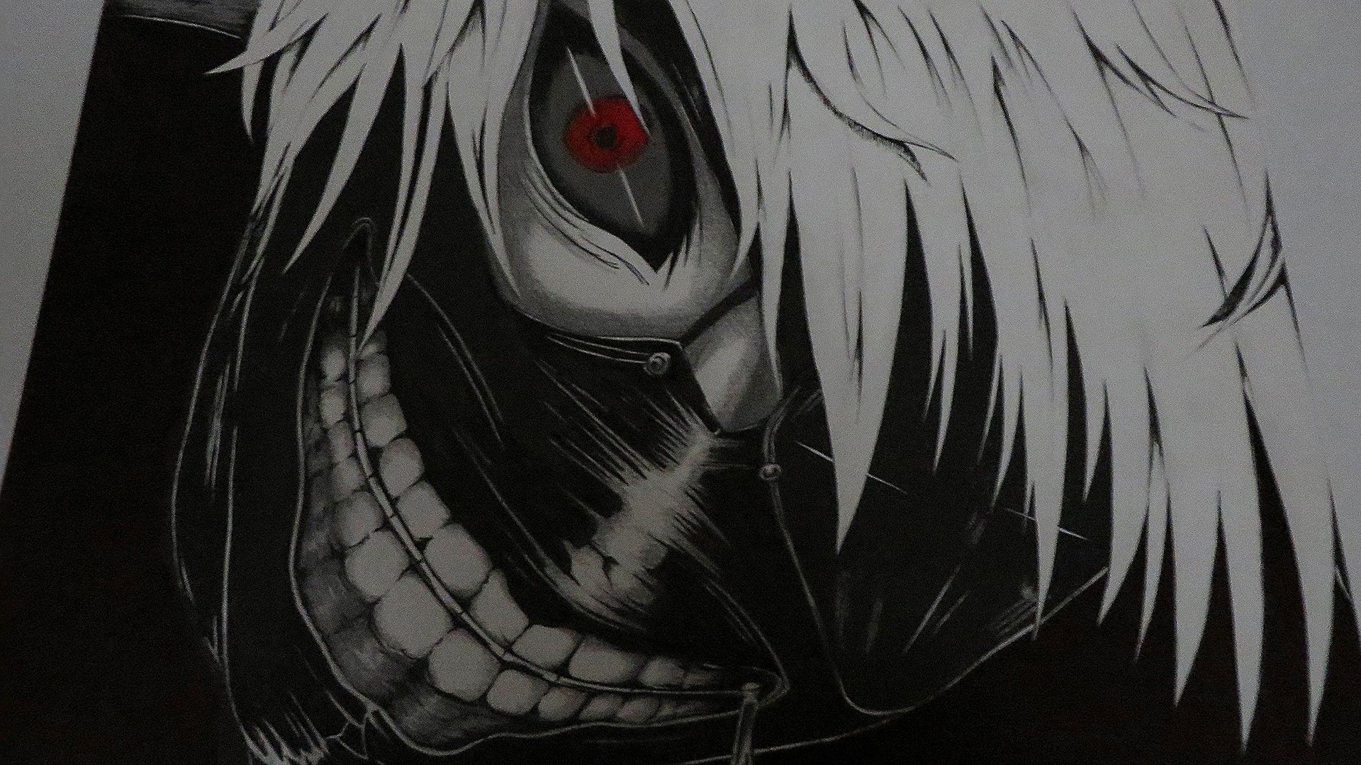 1920x1080 anime, Tokyo Ghoul, Kaneki Ken, Red Eyes, White Hair, Fan Art, Drawing Wallpaper HD / Desktop and Mobile Background