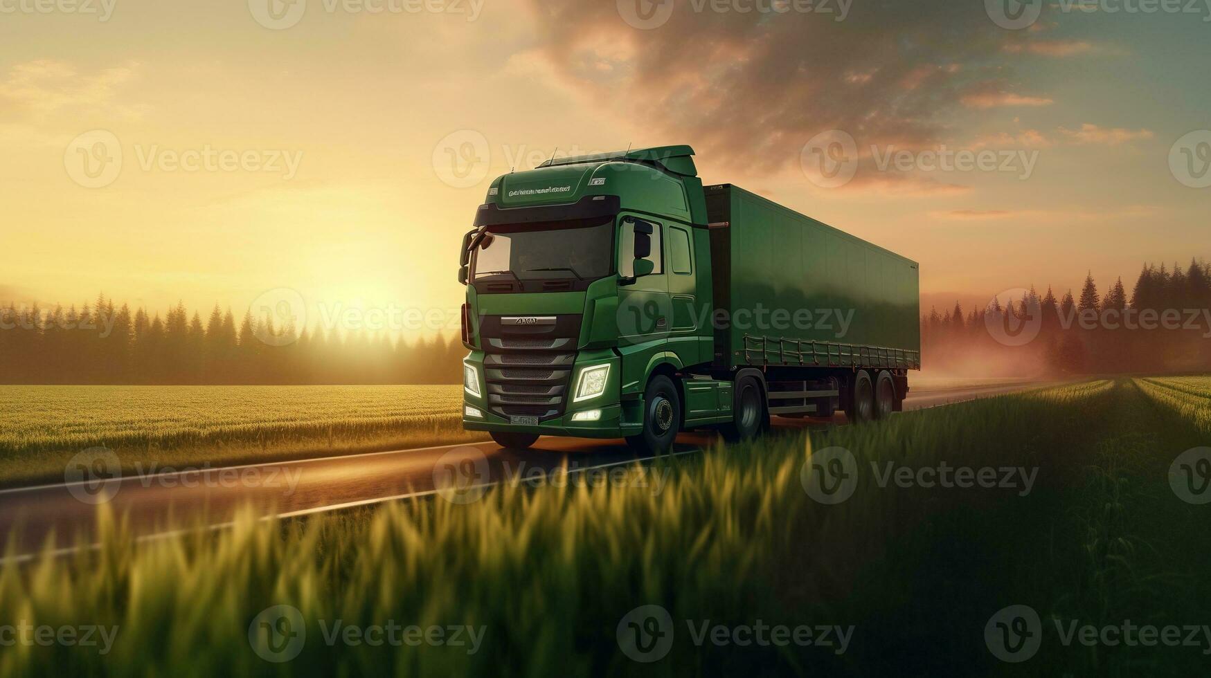 1749x980 Generative AI, Green truck driving on the asphalt road in rural landscape at sunset