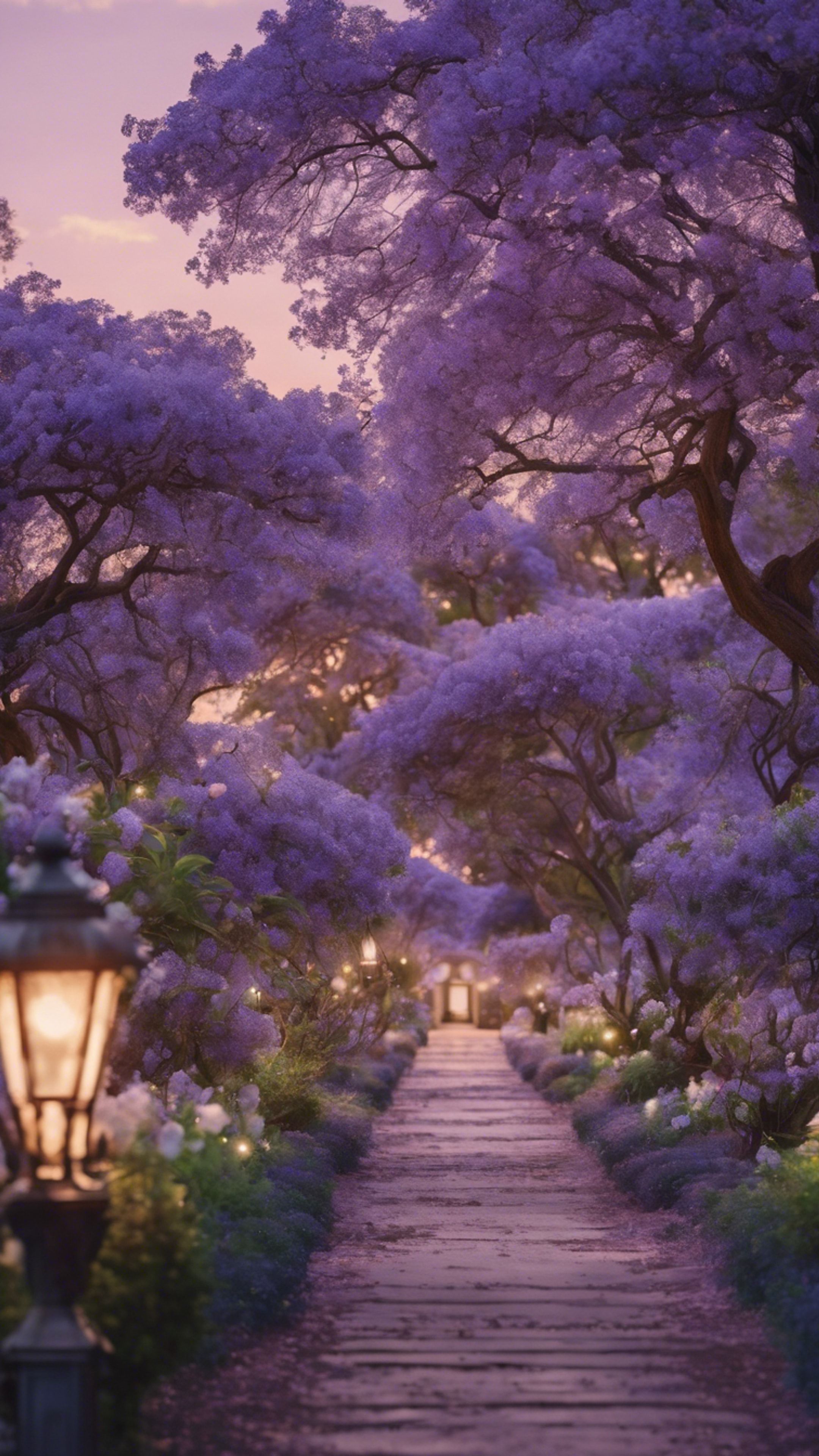 2160x3840 A Peaceful Victorian Style Garden Filled With Blooming Jacaranda Trees Under A Twilight Sky. Wallpaper [52bd6485b9dd488e977e] By Wallpaper HD