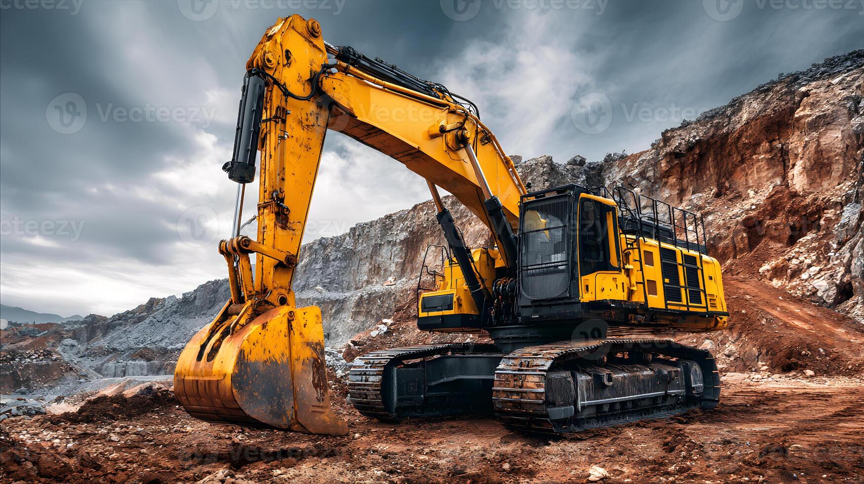 1749x980 Heavy yellow excavator machinery working on construction site with rocky terrain and cloudy sky