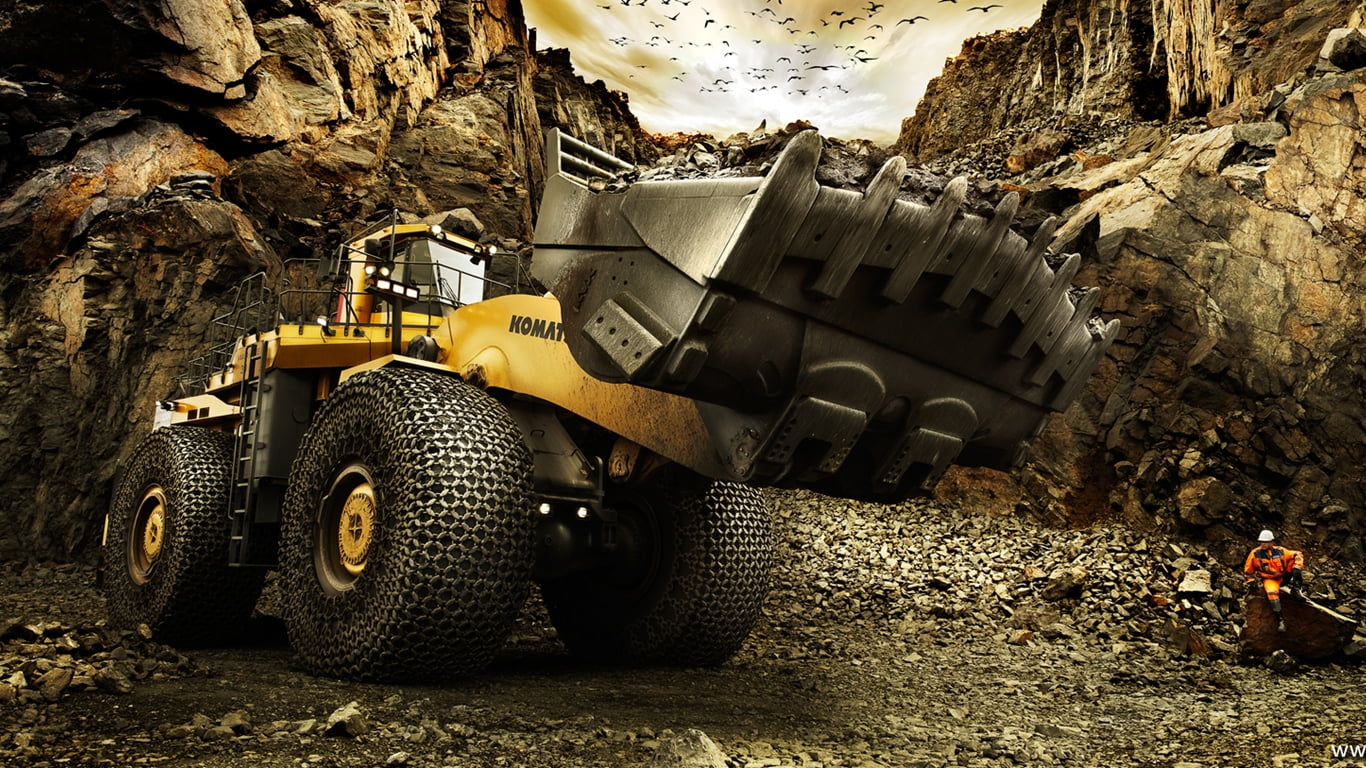 1366x768 Yellow and black heavy equipment wallpaper, construction vehicles, vehicle, men, work HD wallpaper